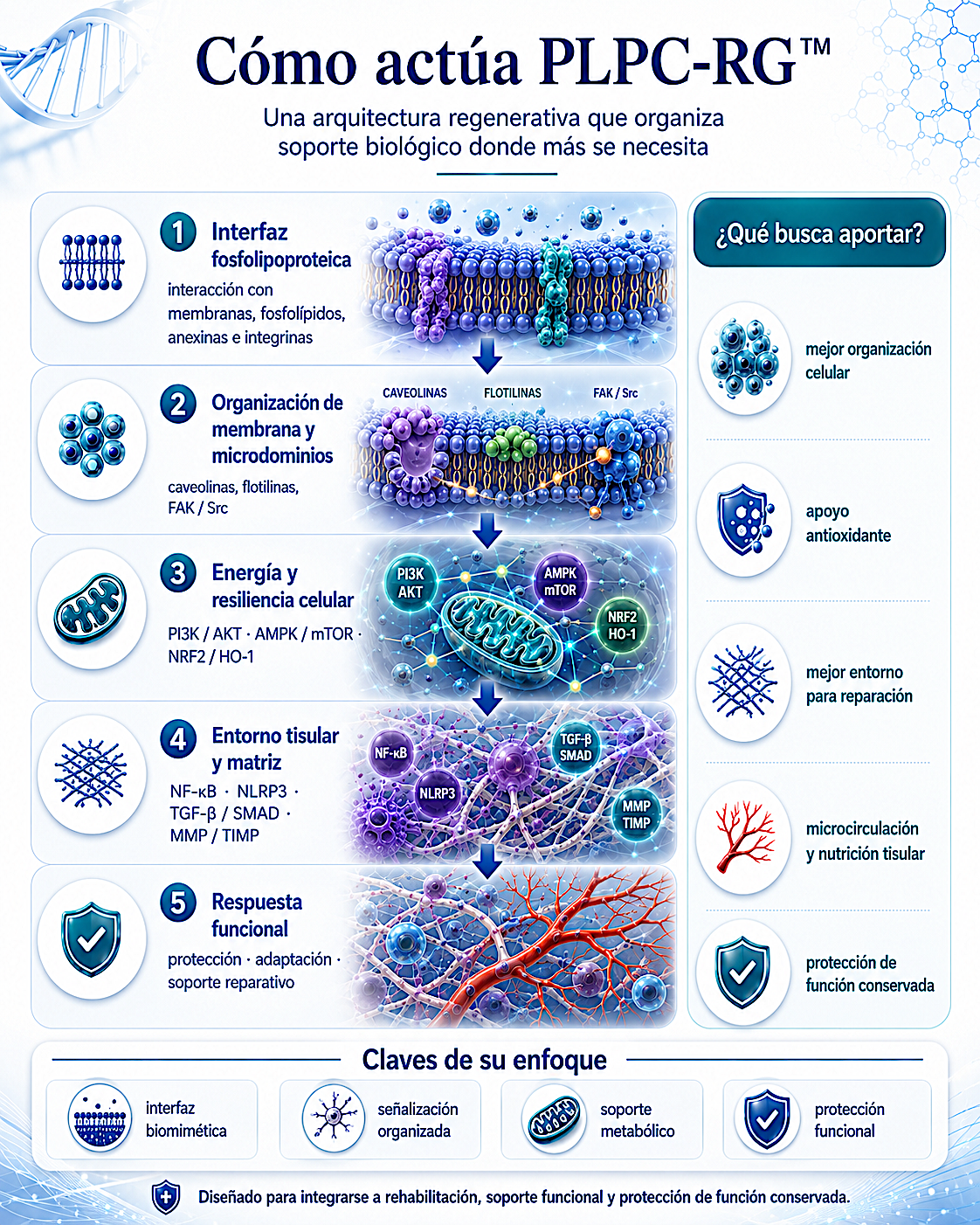 Mapa mecanístico: desde interfaz local a membranas, energía, matriz y función.