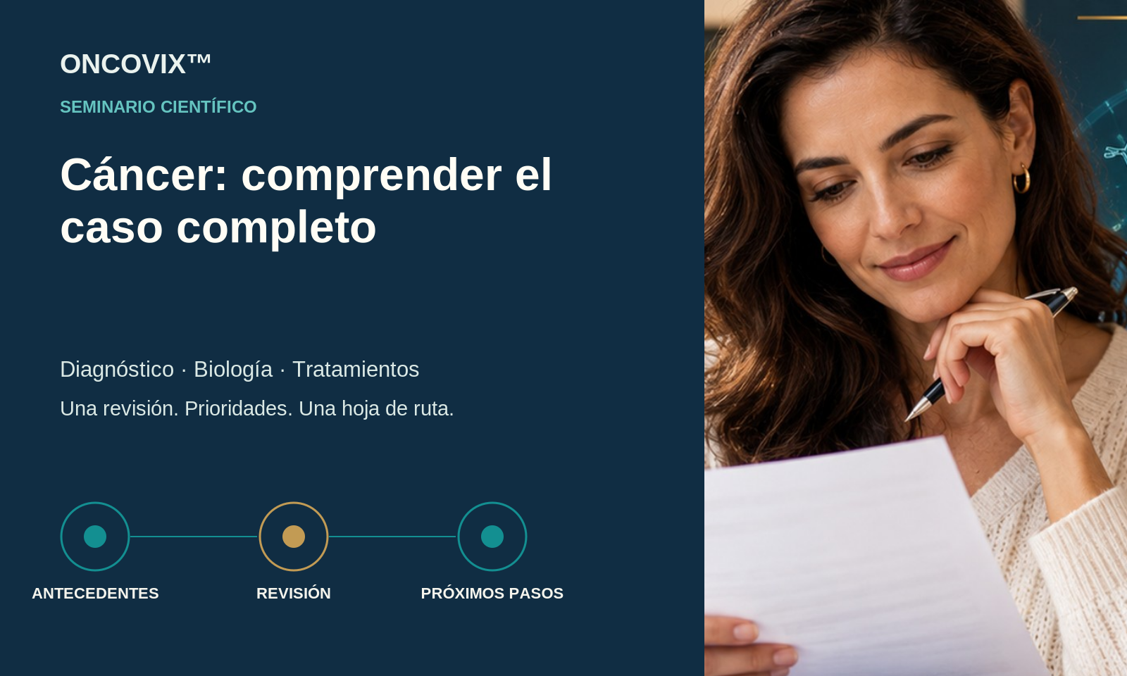 Persona revisando antecedentes y representación de la transición a una revisión del caso de cáncer y sus próximos pasos.
